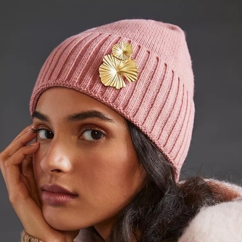 NWT Anthropologie Pink Gingko  Embellished Beanie